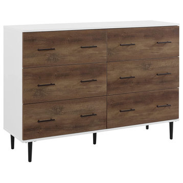 Spacious Double Dresser, Reclaimed Wood Design With 6 Drawers, White/Rustic Oak