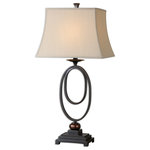 Uttermost - Orienta Table Lamp, Set of 2 - Hand forged metal finished in a dark oil rubbed bronze with gold highlights. The rectangle bell shade is a light beige linen fabric.