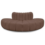 Meridian Furniture - Arc Upholstered Outward Curved Modular Sectional, Brown, 4-Piece: 4 Reverse Corner, Vegan Leather - Unleash modern opulence with the Arc Vegan Leather 4pc. Sectional. Crafted for the modern connoisseur, this Sectional injects an air of refined luxury into any space. Its sleek silhouette, upholstered in supple brown vegan leather, exudes timeless sophistication while the deep channel tufting adds textural intrigue, further elevating the chair's visual appeal. The modular design makes it a versatile chameleon, effortlessly adapting to your evolving needs and preferences. Whether you envision it gracing a chic living room corner, basking in the glow of a bedroom window, or adding a touch of drama to a home office, the Arc seamlessly complements your unique interior aesthetic.