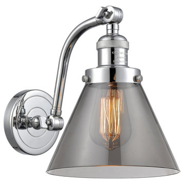 1-Light Large Cone 8" Sconce, Polished Chrome, Glass: Smoked