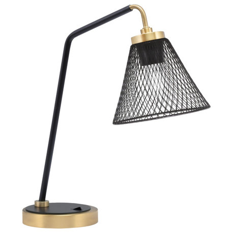 1-Light Desk Lamp, Matte Black/New Age Brass, 7" Cone Mesh Metal Shade