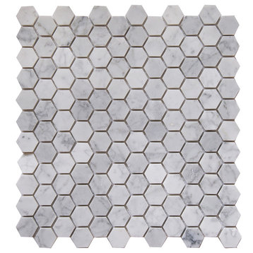 11.5"x11"Carrara White Marble Mosaic Tile, Hexagon, Polished, Set of 5