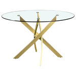 Meridian Furniture - Xander Dining Table, Brushed Gold Base, Round Top - Contemporize your dining area with this Xander brushed gold dining table. Featuring a round, glass tabletop and a unique, brushed gold metal base, this dining table is perfect for the home with modern decor. Its round, tempered glass tabletop is 48-inches in diameter, providing you with plenty of room to feed the whole family or to entertain dinner guests. The tabletop also features 10mm glass thickness, ensuring it won't crack or break.