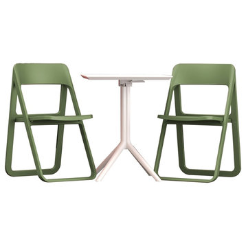 Dream Folding Outdoor Bistro Set with White Table and 2 Olive Green Chairs