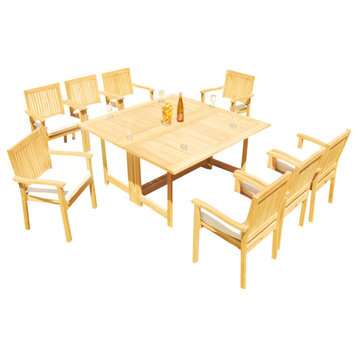 9-Piece Outdoor Teak Set: 60" Square Butterfly Table, 8 Leveb Stacking Arm Chair