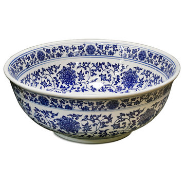Porcelain Basin, Sink Bowl With Blue and White Motif, Floral