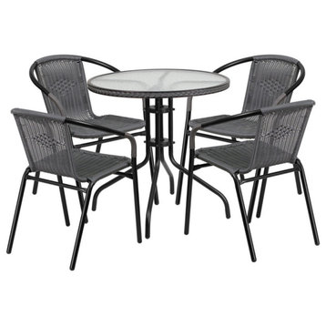 28'' Round Glass Metal Table and 4 Gray Rattan Stack Chairs