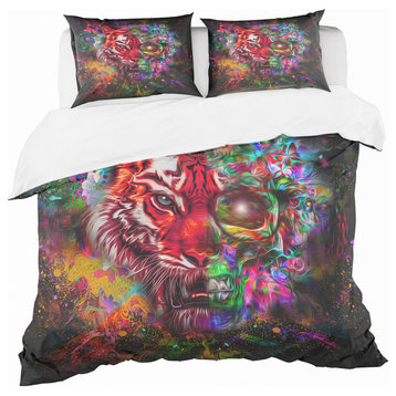Colorful Tiger Head With Half Skull Modern Duvet Cover, King