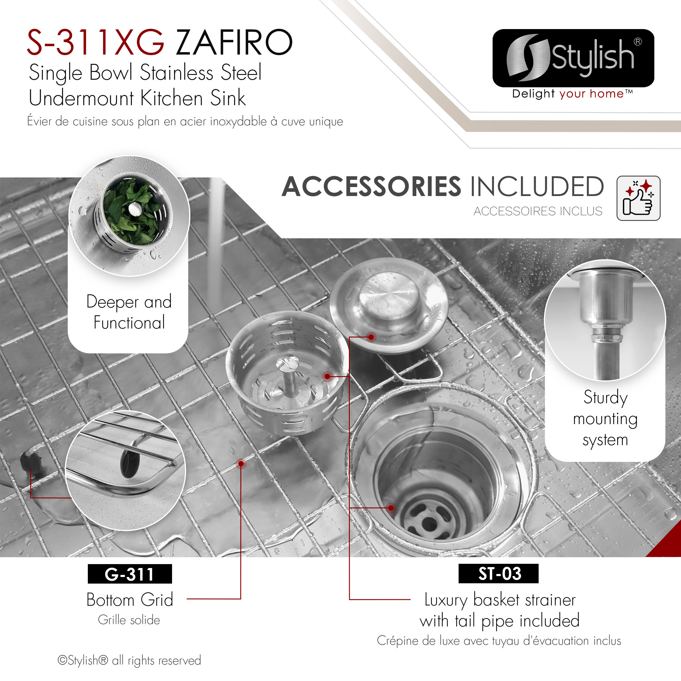 STYLISH 30" Single Bowl 16 Gauge Stainless Steel Kitchen Sink With Grid