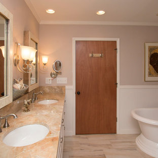 Large transitional master white tile and ceramic tile porcelain floor and multicolored floor bathroom photo in Raleigh with an undermount sink, white cabinets, marble countertops, a two-piece toilet, beige walls, shaker cabinets, a hinged shower door and orange countertops
