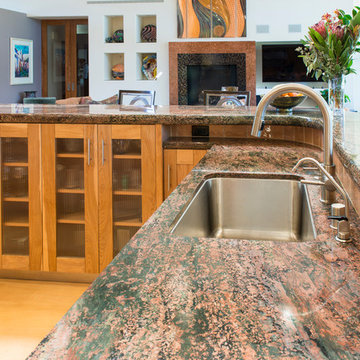 Verde Fire Granite Countertop on Large U-Shape Bar/Island