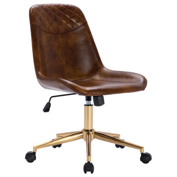Faux Leather Golden Base Swivel Desk Chair, Yellowish-Brown