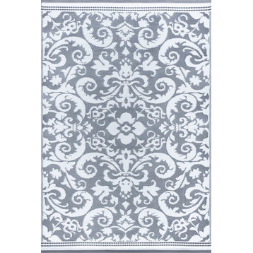 Carrero Transitional Scroll Gray/White Rectangle Indoor/Outdoor Area Rug, 6'x9'
