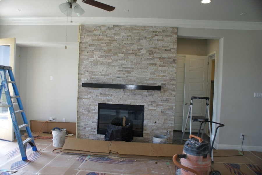 Glass tile, Engineered wood and stacked stone