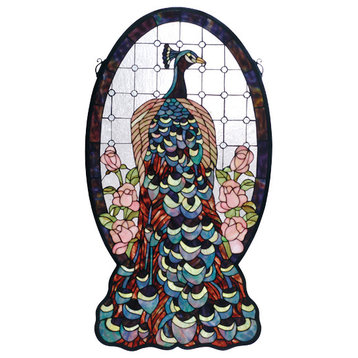 20W X 38H Peacock Profile Stained Glass Window