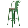 30" High Green Metal Barstool With Back and Wood Seat