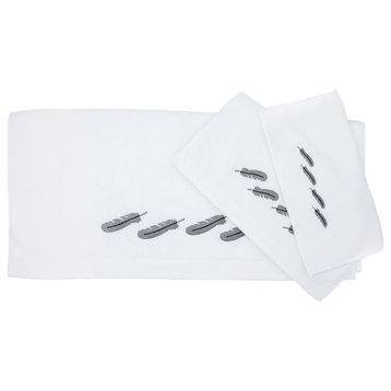 Embroidered Feather White Towel Set, 3 Piece
