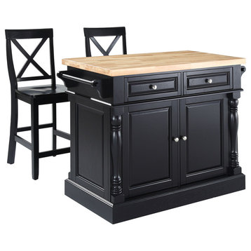 Butcher Block Top Kitchen Island, Black Finish With 24" Black X-Back Stools