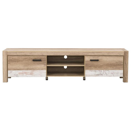 Atlin Designs Modern Wood TV Bench for TVs up to 90" in Distressed Warm Beige