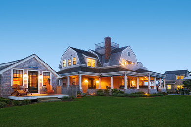 Large traditional multicolored two-story wood and shingle house exterior idea in Boston with a gambrel roof, a shingle roof and a gray roof