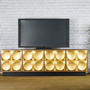 Walnut and Gold Credenza. Modern Credenza, Mid Century Style. Regency, TV Stand