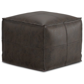 Sheffield Square Pouf in Leather, Distressed Dark Brown