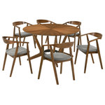 Armen Living - Santana 7-Piece Round Walnut Wood Dining Table Set With Charcoal Fabric - Host like a pro with the Santana 7-piece Round Wood Dining Set from Armen Living. Perched upon a sculptural base with beautifully crafted splayed legs, our modern round dining table serves as an elegant focal point for any room. It plays around with the angles of wooden grains to achieve a rich and eye-catching tabletop. Our versatile and mid-century modern dining set can effortlessly complement a variety of different styles. Its space-friendly proportions make it a perfect fit for eat-in kitchens and dining rooms. This dining set includes 1 dining table and 6 dining chairs. The round shape of our dining table makes it a natural hub for conversations and spending leisurely time. The 54 diameter tabletop easily allows seating for up to 6. The dining chairs feature a curved and hugging back to support you in just the right places. Completed with slender angular legs, the chairs make a stunning statement. The dining chairs deliver an airy silhouette vouching for hours of comfortable sitting. With an upholstered and padded seat, these dining chairs offer as much comfort as they do style. The Santana Dining Set is available in a walnut finish with your choice of charcoal, blue, or orange upholstery or a black finish with charcoal upholstery.