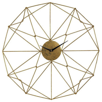 Geometric Angular Wirework Round Wall Clock in Gold Colors No Numbers 24 inches