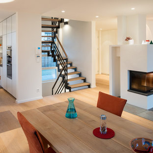 ミュンヘンの中サイズのコンテンポラリースタイルのLDKの画像 (白い壁、淡色無垢フローリング、両方向型暖炉、漆喰の暖炉まわり)