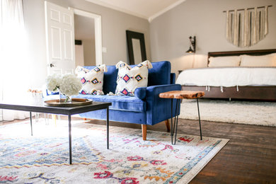 Mid-sized eclectic bedroom photo in Dallas with a standard fireplace and a brick fireplace
