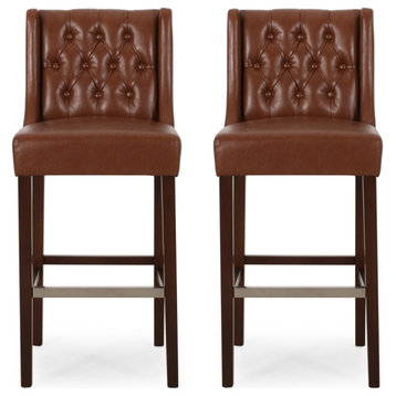 Anna Wingback Barstools, Set of 2, Cognac Brown, Espresso, Faux Leather