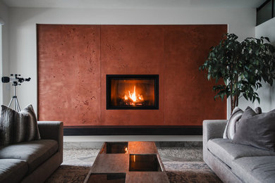 Example of a transitional gray floor living room design in Other with white walls, a standard fireplace and a tile fireplace