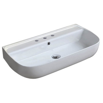 Rectangular White Ceramic Wall Mounted or Vessel Sink, Three Hole