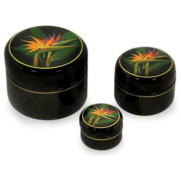 Handmade Birds of Paradise  Lacquered wood boxes (set of 3) - Thailand