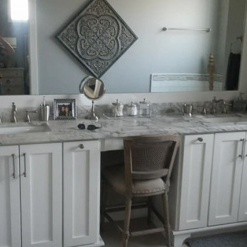 Custom White Double Vanity with Seated Makeup Station & Marble Countertop