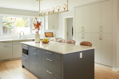 Example of a trendy medium tone wood floor and brown floor kitchen design in Edmonton with an undermount sink, flat-panel cabinets, beige cabinets, an island and beige countertops