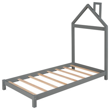 Gewnee  Wood Twin Platform Bed with House Shaped Headboard in Gray