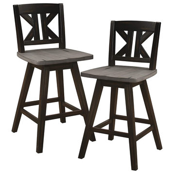 Set of 2 Rustic Bar Stool, Swiveling Seat With Unique K-Shaped Backrest, Counter