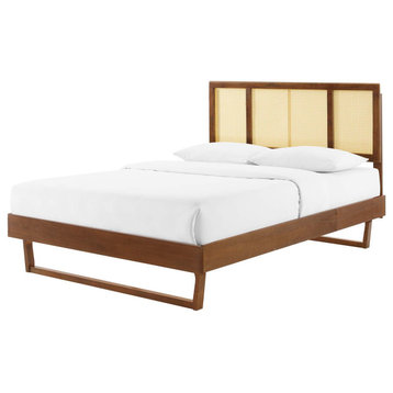 Platform Bed Frame, King Size, Wood, Brown Walnut, Modern Mid-Century, Bedroom