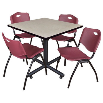 Kobe 42" Square Breakroom Table, Maple and 4 'M' Stack Chairs, Burgundy