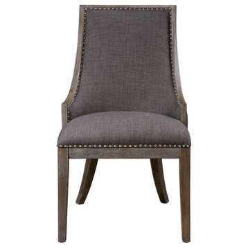Curved Charcoal Gray Sling Back Side Chair, Dining Accent Contemporary Nailhead