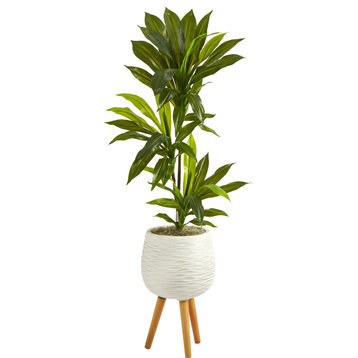 46" Dracaena Artificial Plant, White Planter With Stand, Real Touch