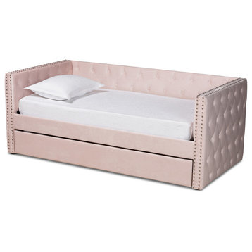 Elara Classic Velvet Daybed With Trundle, Twin Size, Pink