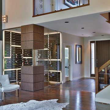 Glass Wall Wine Cellar with Metal Racking