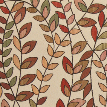 Orange, Red and Green, Vines and Leaves Upholstery Fabric By The Yard
