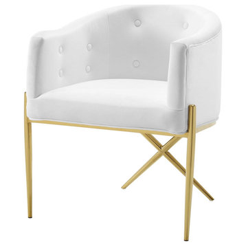 Claude Velvet Dining Chair, Tufted Gold Arm Chair, Luxe Glam Side Chair, White
