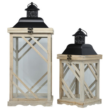 Wood Lantern Natural Painted Clear Glass Finish Brown