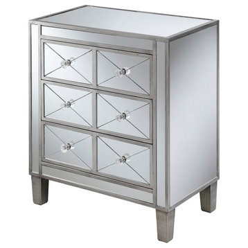 Glam Mirrored Side Table, 3 Drawers With Faux Crystal Knobs, Antique Silver