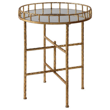 Elegant Textured Gold Tall Round Accent Table, Tray Top Bar Cocktail Metal