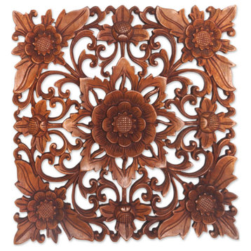 NOVICA Floral Adornment And Wood Wall Relief Panel